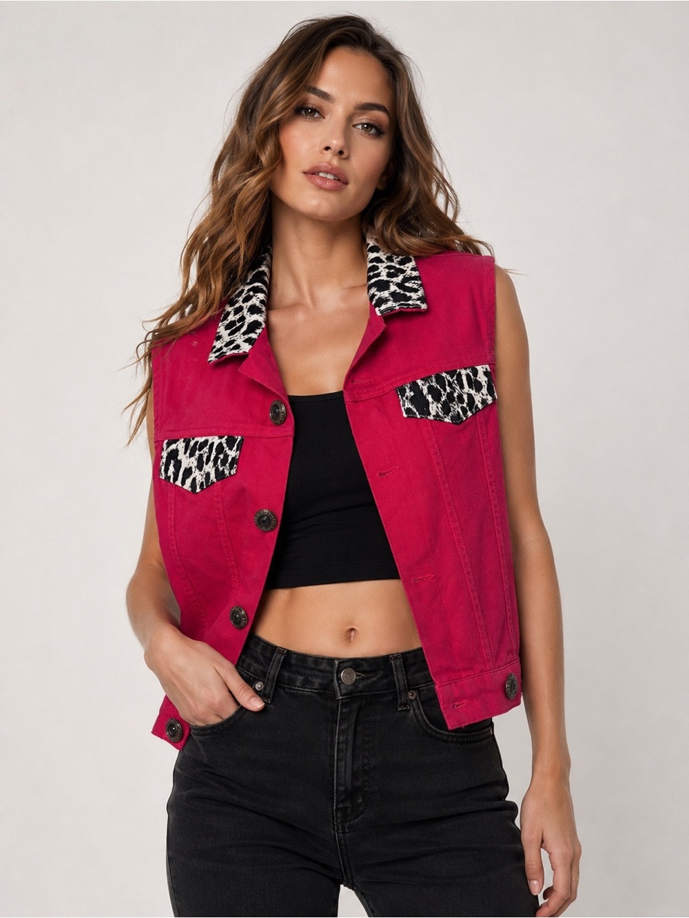 Sleeveless red Denim Vest with Leopard-Print Trim